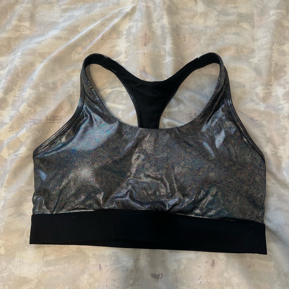ZYIA Black and Silver Sports Bra with Racerback Design